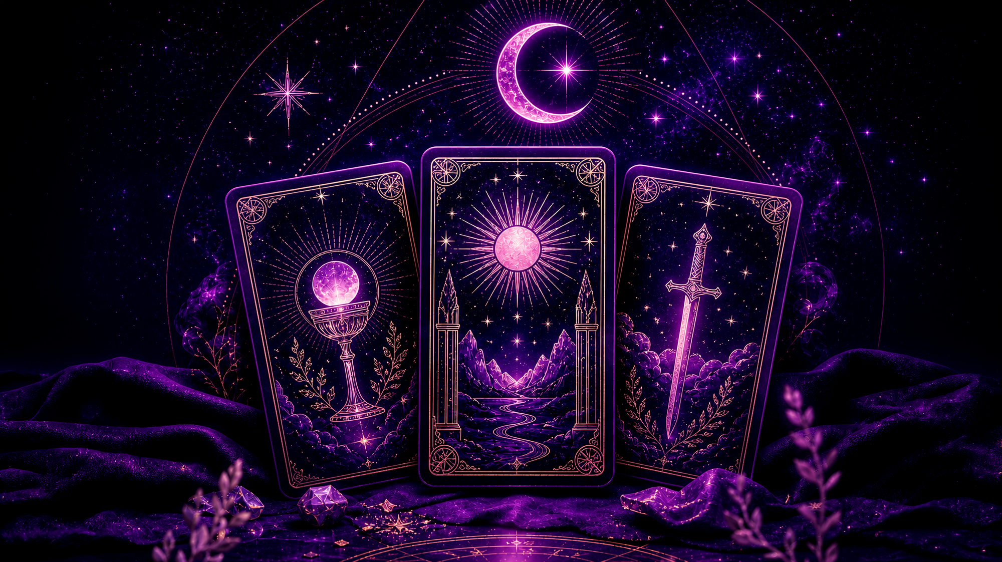 Cartas de tarô em tons violetas